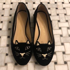 Charlotte Olympia Kitty Flat black velvet gold 37